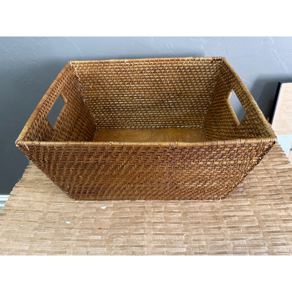 Woven Rattan Storage Basket with Wooden Base and Handles Brown Rectangular